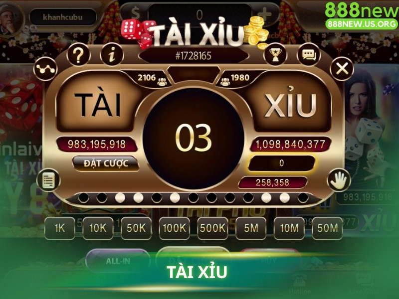 Bàn cược Tài Xỉu với các cửa cược Tài/Xỉu, Chẵn/Lẻ, Bão...